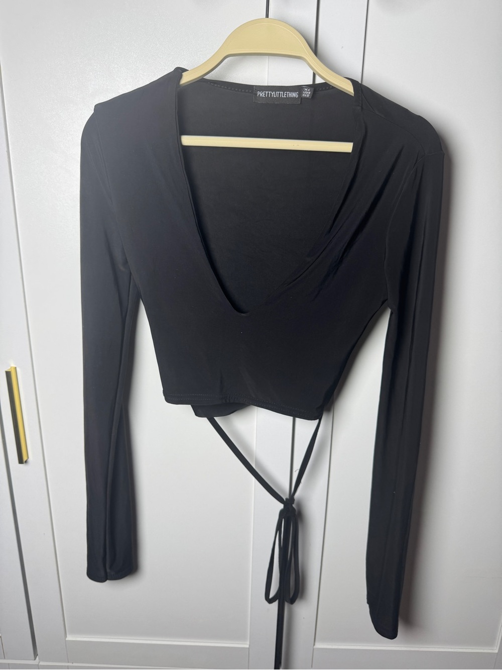 PrettyLittleThing Black Long Sleeve Wrap Crop Top with Tie